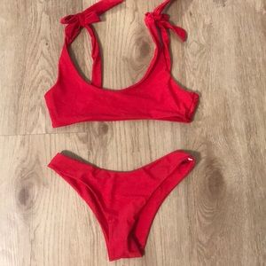 Red bikini with shoulder tie detail